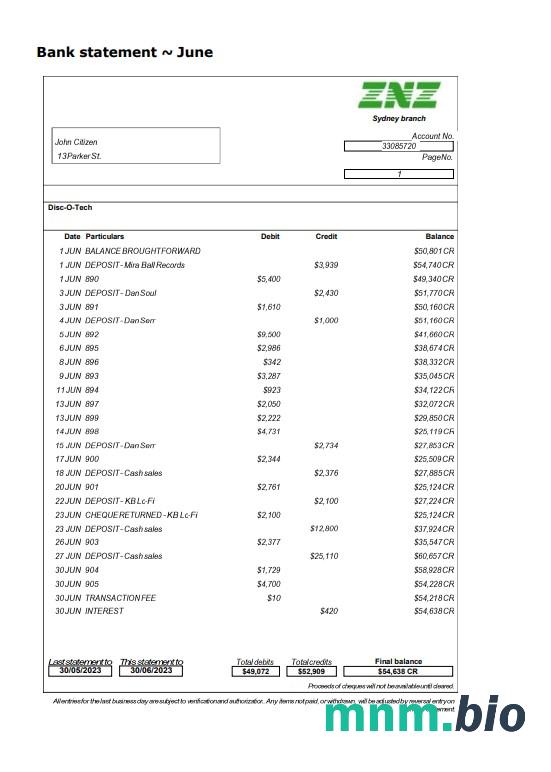 Sydney ZNZ wyciąg bankowy szablon Worda i PDF scr